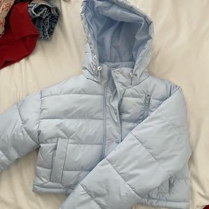 cropped baby blue puffer jacket